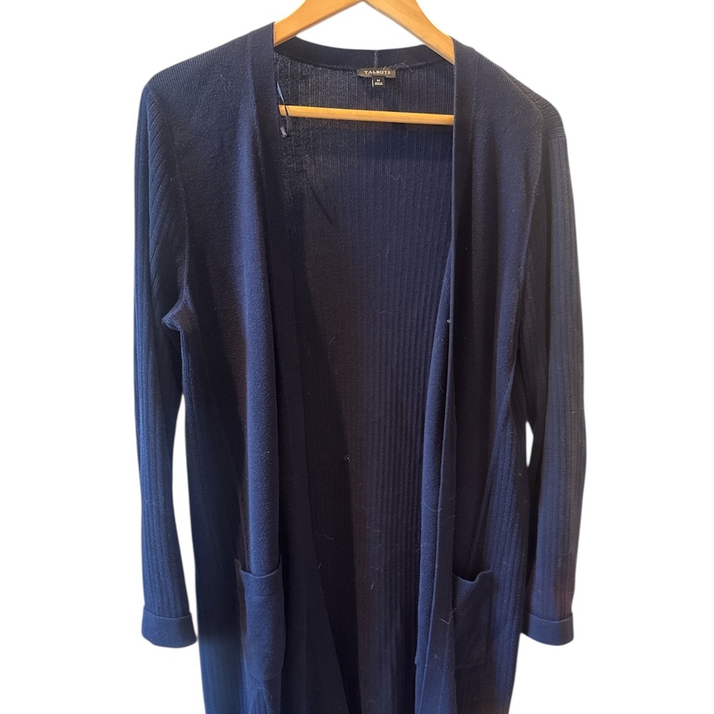 Talbots 100% Cotton Navy Blue Front Open Cardigan Sweater Pockets Medium Cozy